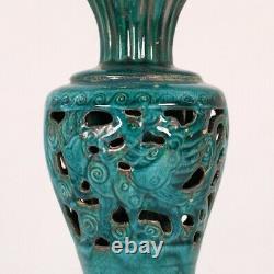 10.2 Chinese Old Antique dynasty Porcelain Blue glaze phoenix ear flower Vase