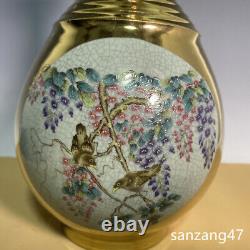 10.6 Old Song dynasty Porcelain ru kiln mark gilt famille rose flower bird vase