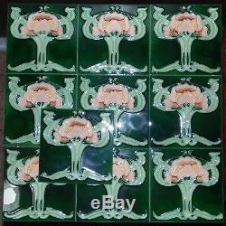 10 Green Art Nouveau Floral Majolica Tile Chinese 6 x 6 8 Millimeter THICK NOS