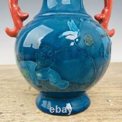 10 Old Chinese Porcelain colour enamels Ice crack cattle child double ear Vase