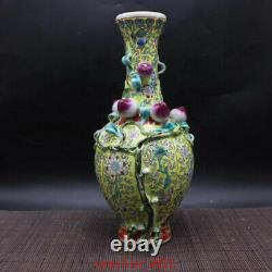 12.5Chinese antique Porcelain Qing qianlong famille rose Jiutao Long neck vase