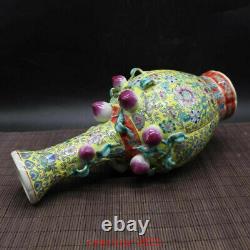 12.5Chinese antique Porcelain Qing qianlong famille rose Jiutao Long neck vase