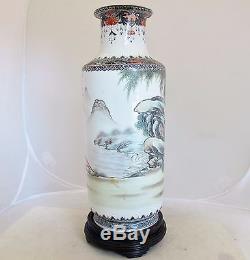 12.7 Antique Chinese Famille Rose Thin Porcelain Vase with Ladies & Qianlong Mark