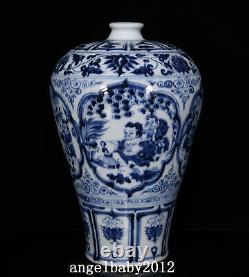 12 Chinese Antique Porcelain Yuan dynasty Blue white man flower crane Pulm Vase