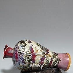 13.8 China Old song dynasty Porcelain jun kiln Fambe landscape gilt Dragon vase