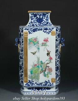 13.8 Qianlong Chinese blue white Enamel porcelain flower bird Double Vase