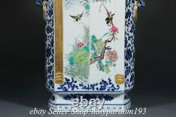 13.8 Qianlong Chinese blue white Enamel porcelain flower bird Double Vase