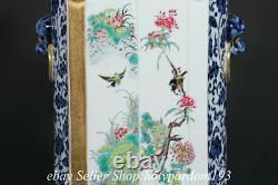 13.8 Qianlong Chinese blue white Enamel porcelain flower bird Double Vase