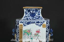 13.8 Qianlong Chinese blue white Enamel porcelain flower bird Double Vase