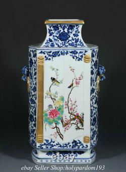 13.8 Qianlong Chinese blue white Enamel porcelain flower bird Double Vase