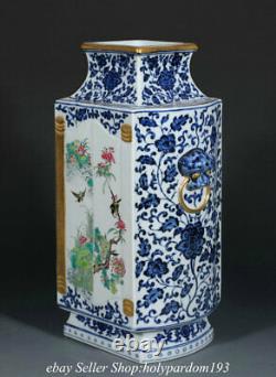 13.8 Qianlong Chinese blue white Enamel porcelain flower bird Double Vase