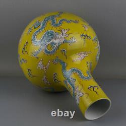 14 China Yellow Glaze Famille Rose Porcelain Five Dragon Vault-of-Heaven Vase