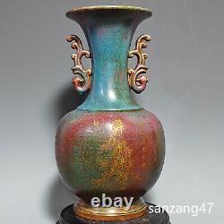 15.3 Retro song dynasty Porcelain jun kiln Fambe gilt character double ear vase