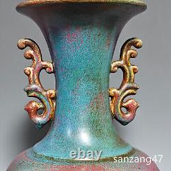 15.3 Retro song dynasty Porcelain jun kiln Fambe gilt character double ear vase