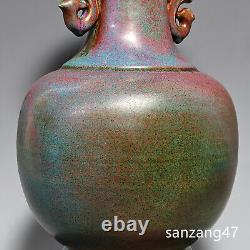 15.3 Retro song dynasty Porcelain jun kiln Fambe gilt character double ear vase