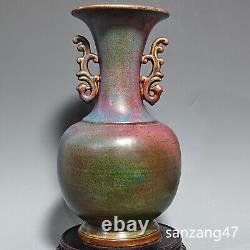 15.3 Retro song dynasty Porcelain jun kiln Fambe gilt character double ear vase