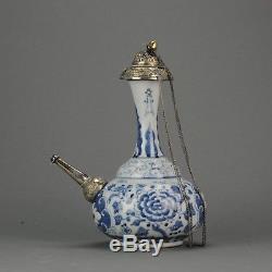 17/18C Chinese Porcelain Blue & White Ghendi Kendi Antique Islamic Silve