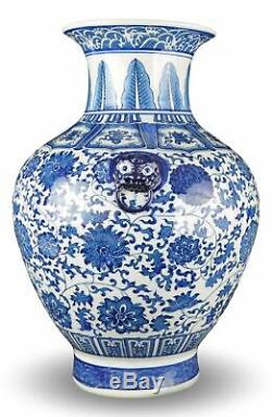 18 Classic Blue and White Floral Porcelain Vase, Double Lion Head Ears Ceram