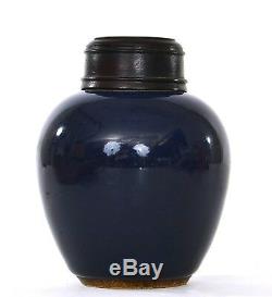 18C Chinese Cobalt Blue Glaze Monochrome Porcelain Tea Caddy Vase Wood Cover Lid