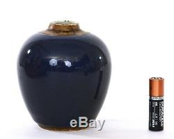 18C Chinese Cobalt Blue Glaze Monochrome Porcelain Tea Caddy Vase Wood Cover Lid