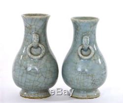1900's 2 Chinese Ge Gu Guan Type Crackle Glaze Celadon Porcelain Vase Ring Ears