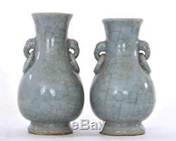 1900's 2 Chinese Ge Gu Guan Type Crackle Glaze Celadon Porcelain Vase Ring Ears