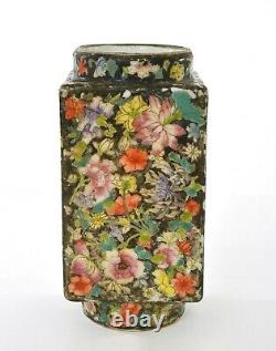 1900's Chinese Famille Rose Noire Porcelain Millefleur Square Vase Flowers Mk