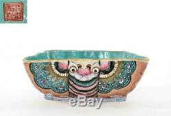 1900's Chinese Famille Rose Turquoise Glaze Porcelain Butterfly Moth Shaped Bowl