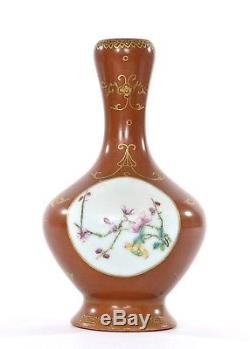 1920's Chinese Gilt Coral Ground Famille Rose Porcelain Vase Flowers Marked