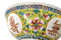 1930's Chinese Famille Rose Porcelain Bowl Gilt Calligraphy Flowers Marked