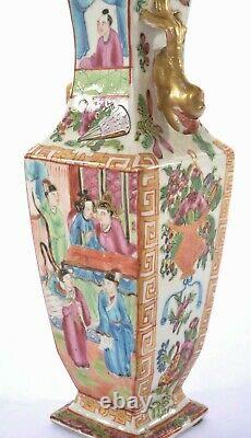 19C Chinese 2 Export Rose Medallion Porcelain Square Vase Figure Fish Handle