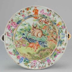 19C Chinese porcelain Polychrome hot water plate flowers figures deer Marked
