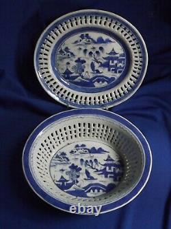 19c CANTON CHINESE EXPORT BLUE & WHITE RETICULATED PORCELAIN BASKET & Underplate