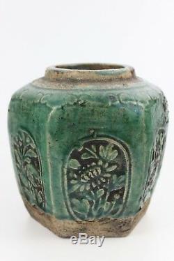 19th Century Chinese Porcelain Hand Painted Green Glaze Ginger Hexagonal Jar