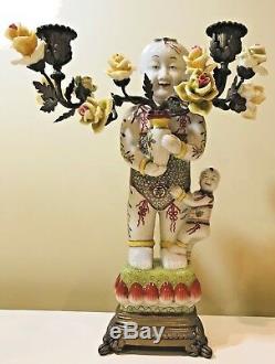 2 Antique Chinese Bronze Porcelain Figural Man Child Candelabra Candle Holders