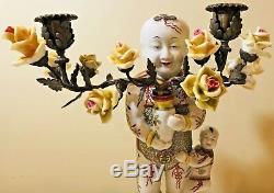 2 Antique Chinese Bronze Porcelain Figural Man Child Candelabra Candle Holders