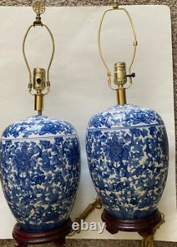2 Antique Chinese Chinoiserie Blue & White Porcelain Lamps Beautiful Pair