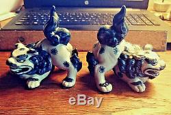 2 Chinese Antique Famille Verte Porcelain Foo Dogs 4 impressed seal cobalt wht