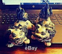 2 Chinese Antique Famille Verte Porcelain Foo Dogs 4 impressed seal cobalt wht