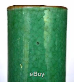 2 Early 20C Chinese Crackle Apple Green Monochrome Porcelain Vase Chocolate Rim