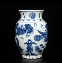 24.5CM Kangxi Old Signed Antique Chinese Blue & White Porcelain Pot Vase