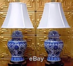 28/29 Pair Of Blue & White Jingdezhen Chinese Porcelain Temple Jar Vase Lamps