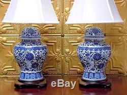 28/29 Pair Of Blue & White Jingdezhen Chinese Porcelain Temple Jar Vase Lamps