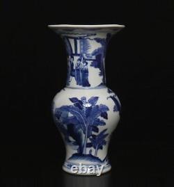 28.5CM Kangxi Signed Chinese Blue & White Porcelain Vase withfigure