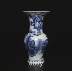 28.5CM Kangxi Signed Chinese Blue & White Porcelain Vase withfigure