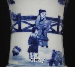 28.5CM Kangxi Signed Chinese Blue & White Porcelain Vase withfigure