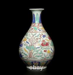 34CM Xuande Old Signed Antique Chinese Five Colors Porcelain Vase with fish