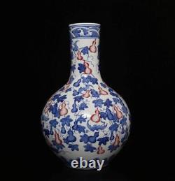 34CM Yongzheng Old Signed Antique Chinese Blue & White Porcelain Vase withgourd