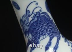 36CM Kangxi Old Signed Antique Chinese Blue & White Porcelain Pot Vase with kylin