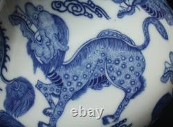 36CM Kangxi Old Signed Antique Chinese Blue & White Porcelain Pot Vase with kylin